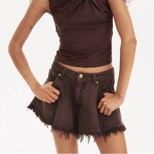 🍒 Brown Ruffle Destroyed Frayed Hem Mini Skirt